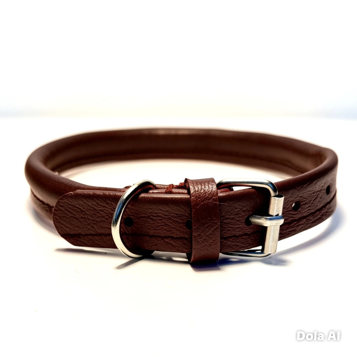 Brown rolled recycled leather dog collar with rounded leather band, matching keeper, silver-coloured buckle and D-ring