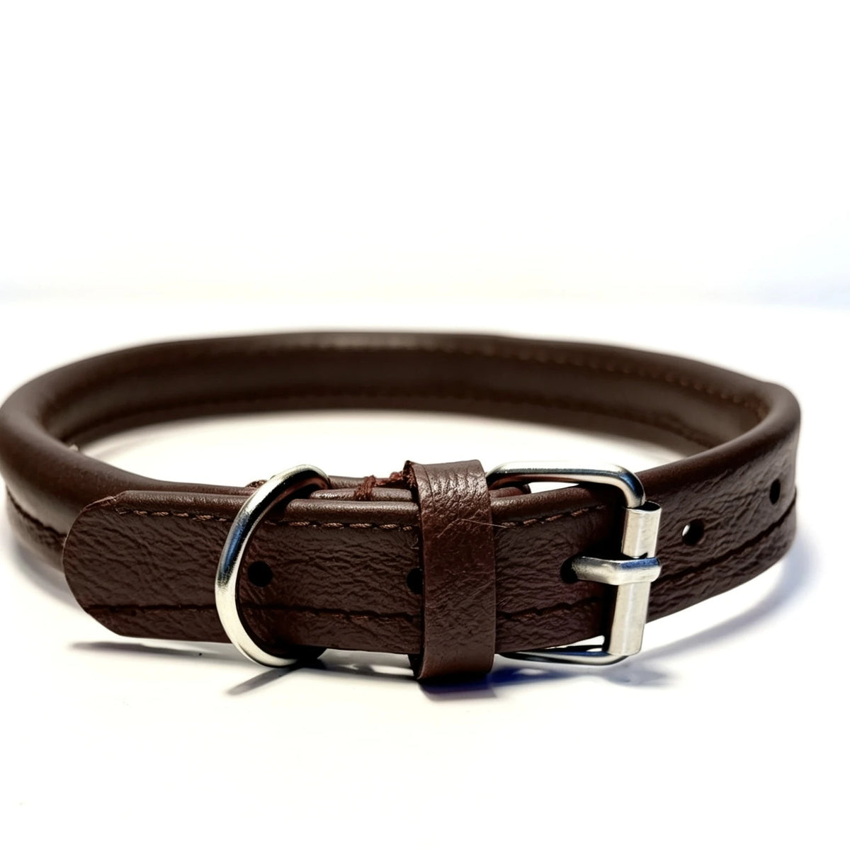 Brown rolled recycled leather dog collar with rounded leather band, matching keeper, silver-coloured buckle and D-ring