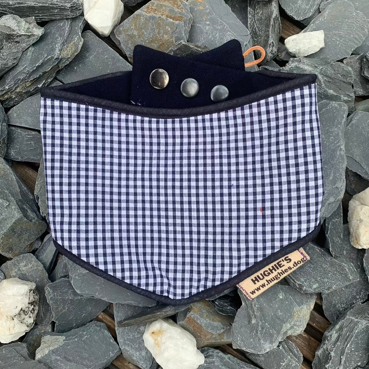 Midnight Blue Gingham reversible snap-on dog bandana – additional product view