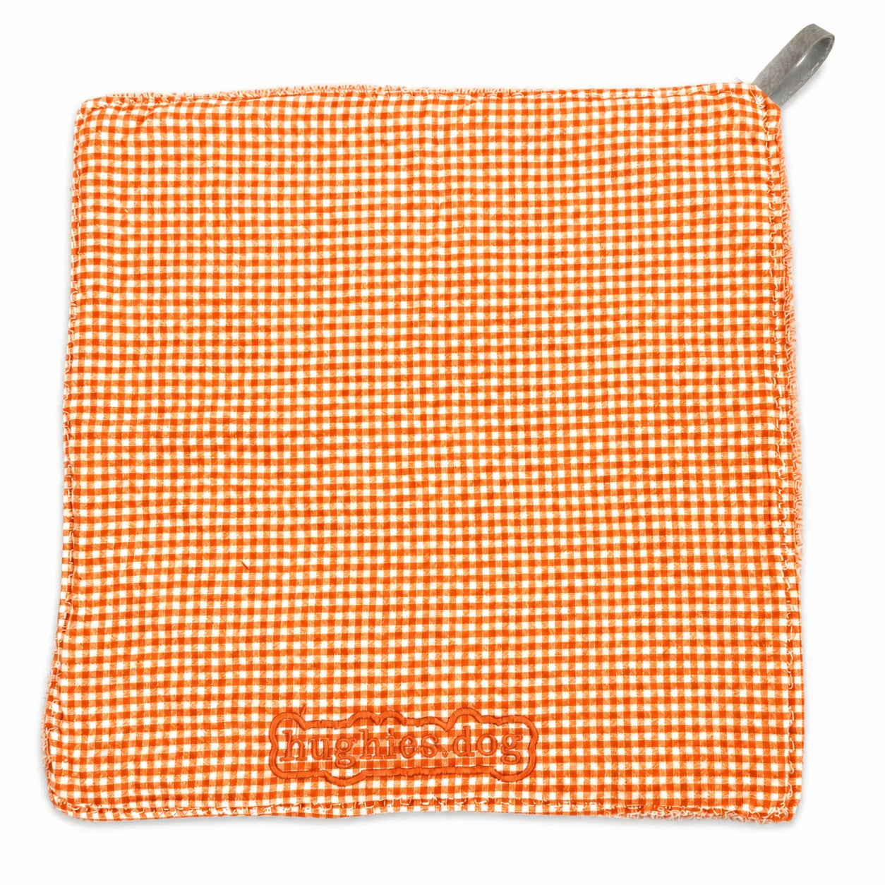 Orange gingham reusable dog drool cloth with embroidered Hughies logo