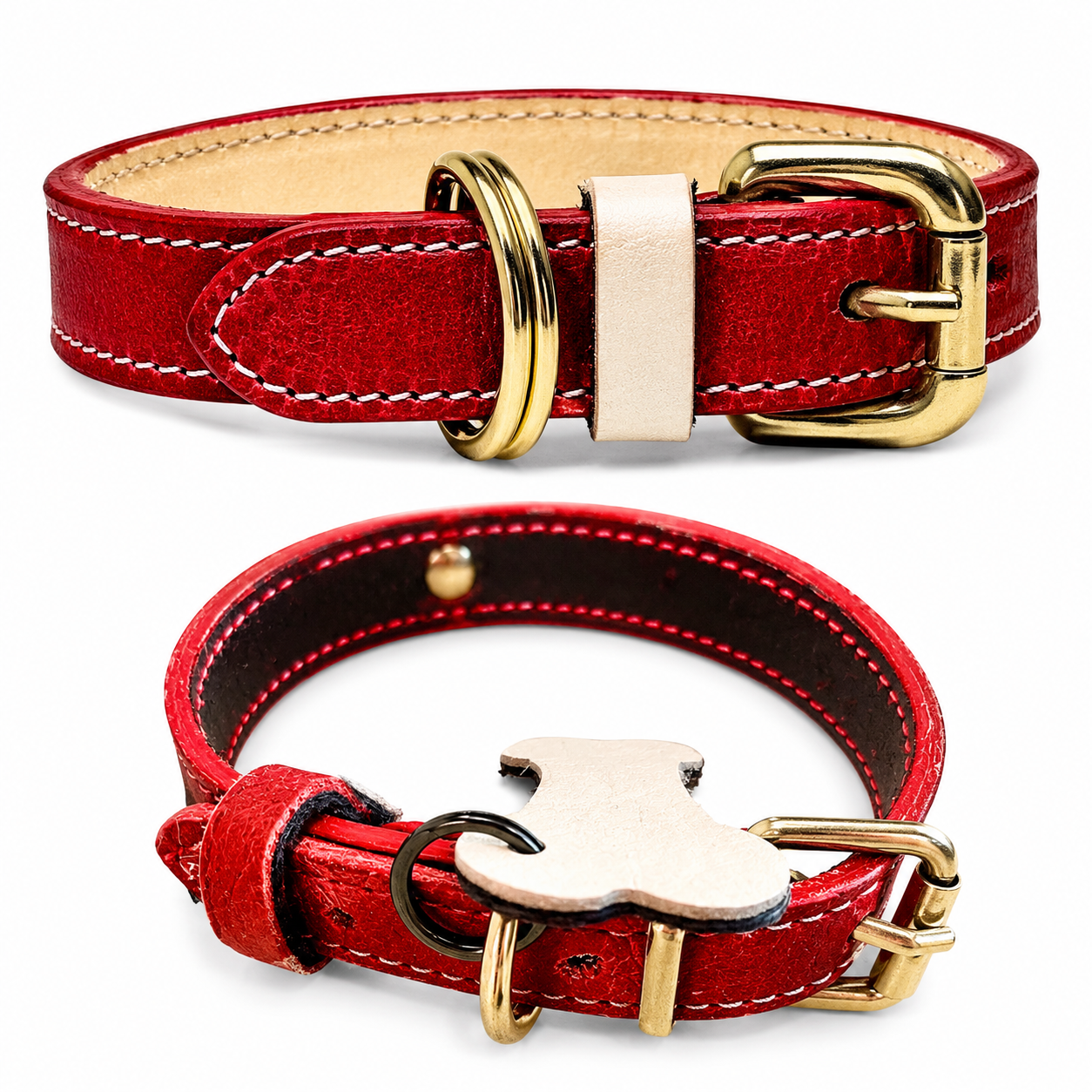 Red classic recycled leather dog collar with brass hardware and bone-shaped tag, shown on a white background