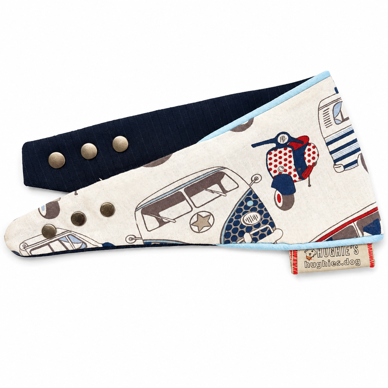 Retro Camper Heritage snap-on dog bandana popper fastening and fabric detail on white background