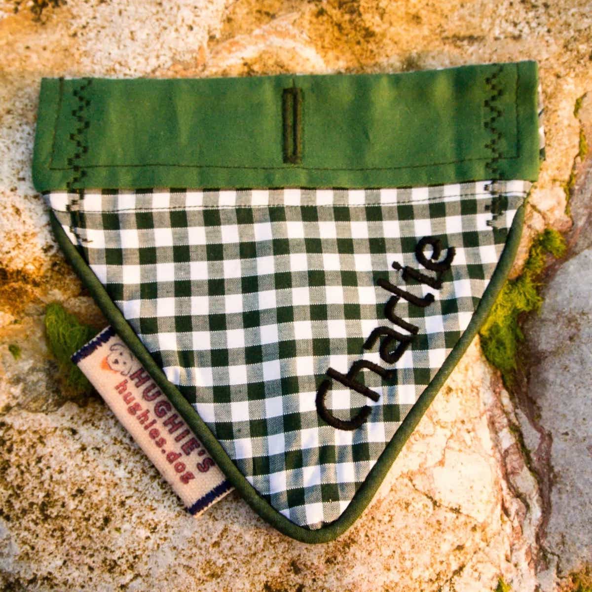 British Racing Green Gingham Over-collar Dog Bandana (reversible) - Hughies Dog Accessories