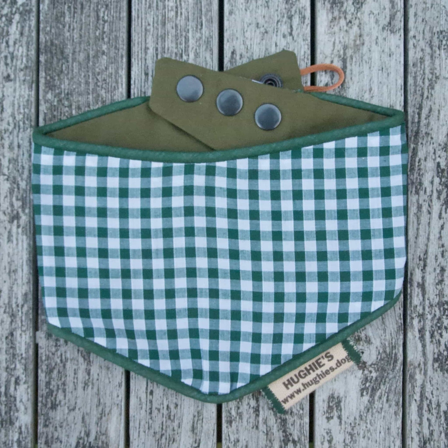 British Racing Green Gingham Snap-on Dog Bandana (reversible) - Hughies Dog Accessories