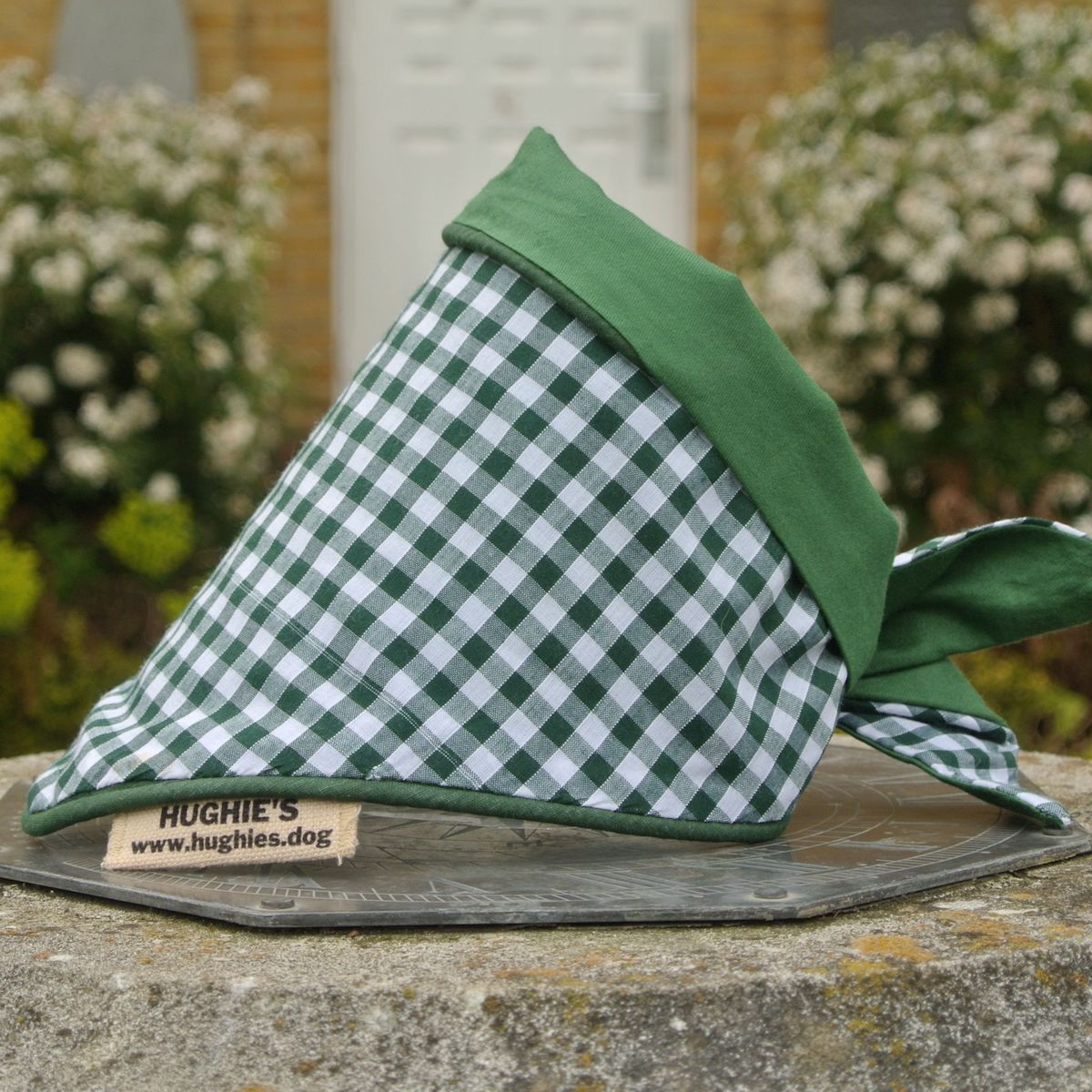 British Racing Green Gingham Tie-on Dog Bandana (reversible) - Hughies Dog Accessories