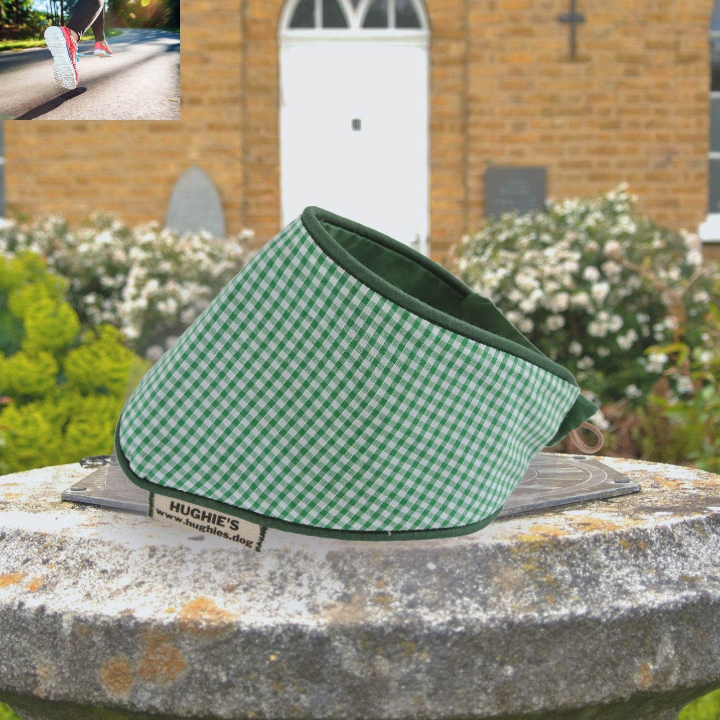 emarald green Gingham snap-on Dog Bandana (reversible) photographed placed on a weather dial in a country garden