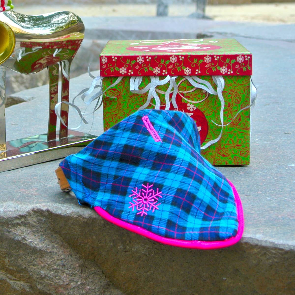 Dog Bandana with collar with some Christmas Ornaments.
