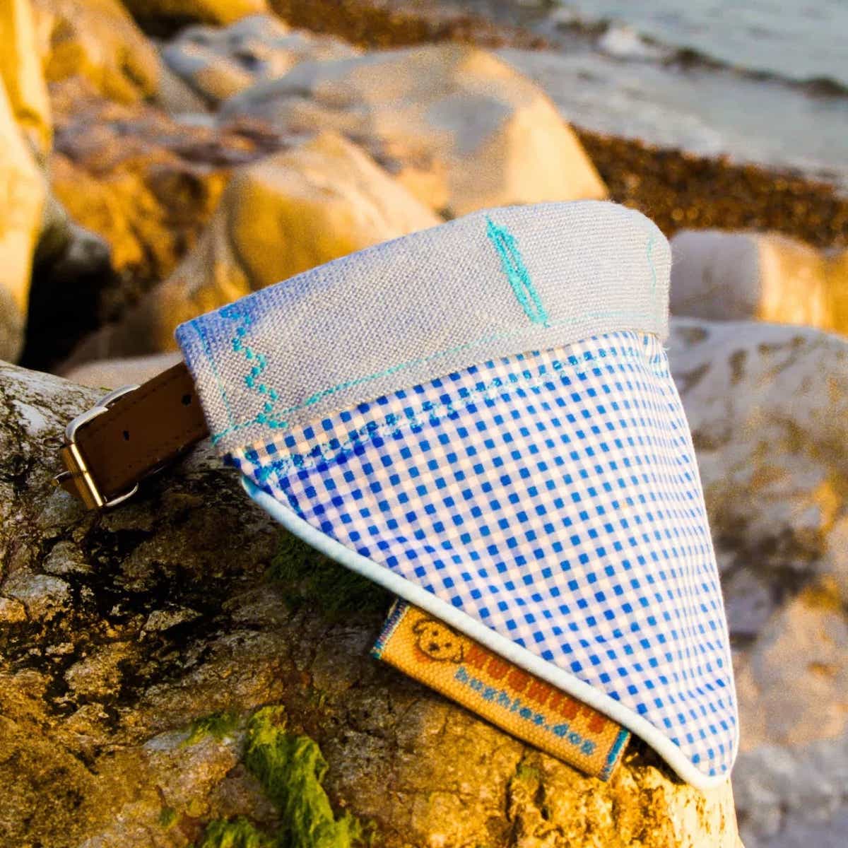 Sky Blue Gingham Over-collar Dog Bandana (reversible) - Hughies Dog Accessories