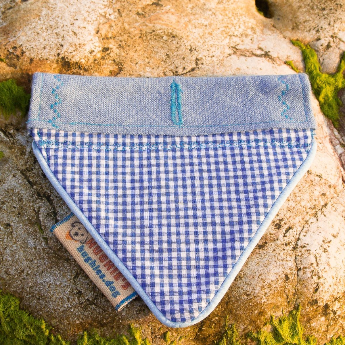 Sky Blue Gingham Over-collar Dog Bandana (reversible) - Hughies Dog Accessories