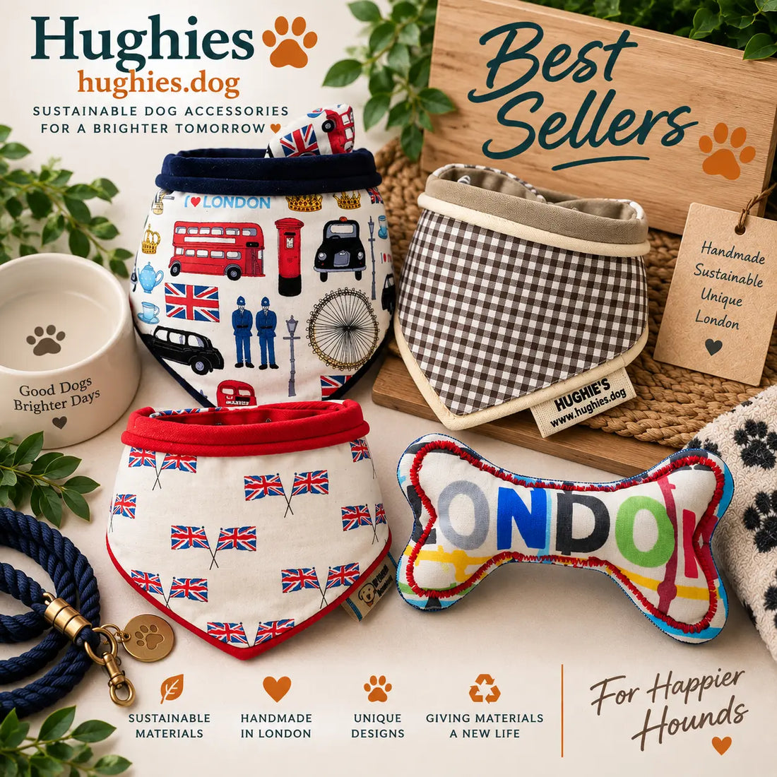 Hughies best selling handmade dog accessories including London and Union Jack bandanas, gingham bandana and soft dog bone toy