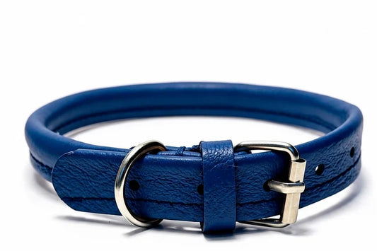 Blue handmade rolled leather dog collar by Hughies Dog Accessories