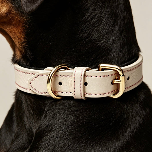Reclaimed leather dog collar with solid brass hardware on a dog