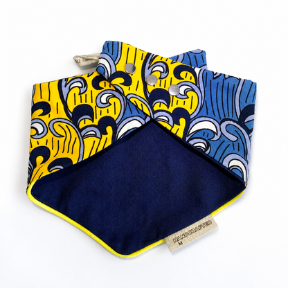 Reversible Ankara print snap-on dog bandana in yellow, blue and navy cotton