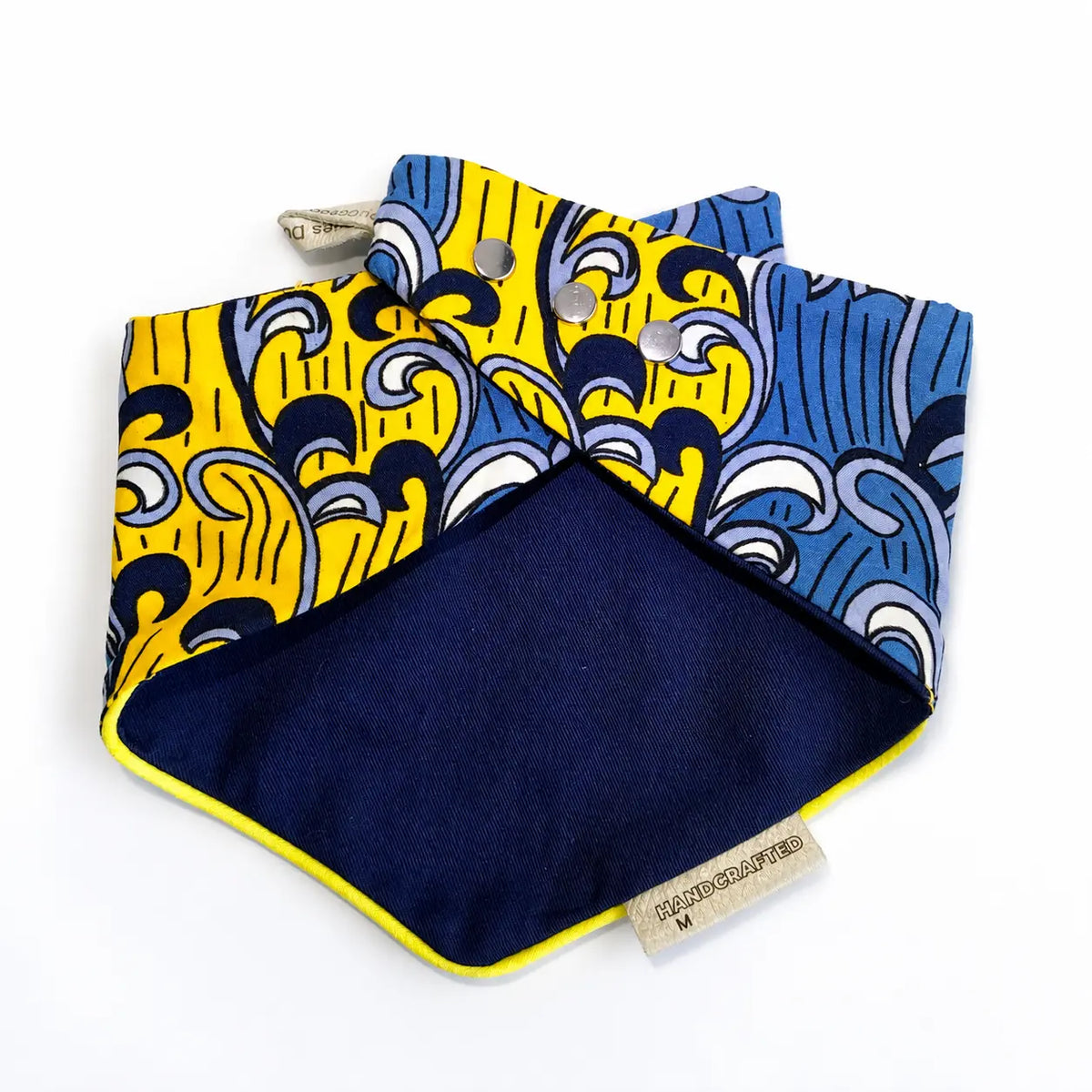 Reversible Ankara print snap-on dog bandana in yellow, blue and navy cotton