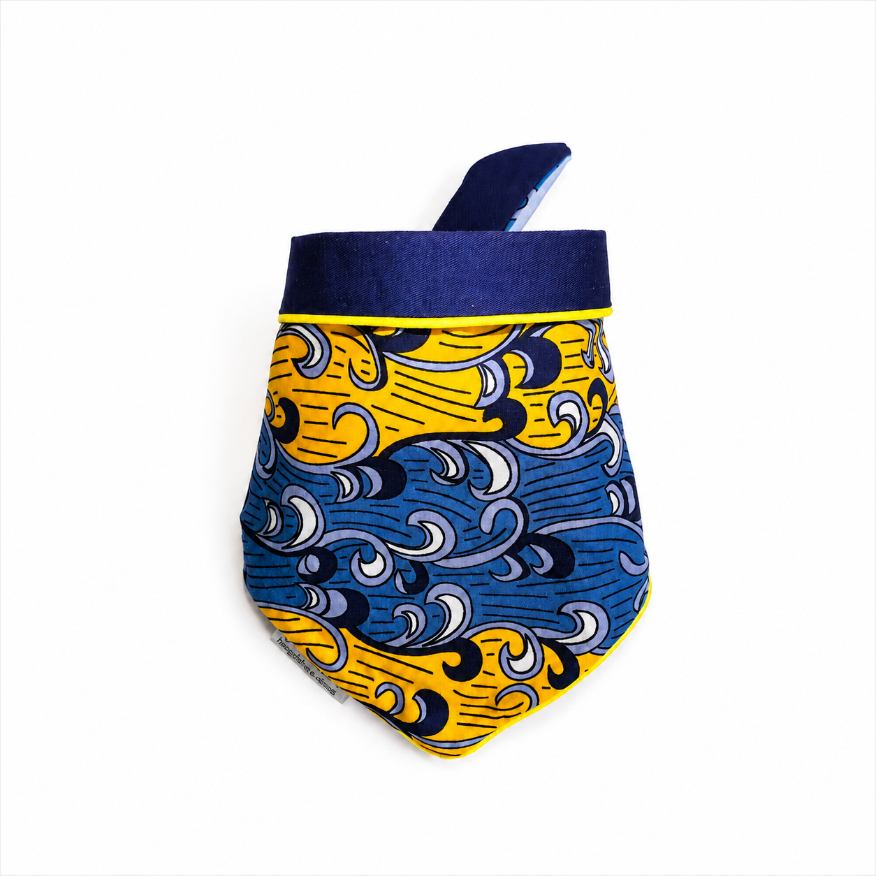 Ankara tie-on dog bandana in yellow, blue and navy cotton with yellow piping