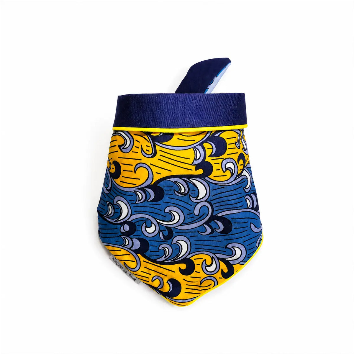 Ankara tie-on dog bandana in yellow, blue and navy cotton with yellow piping