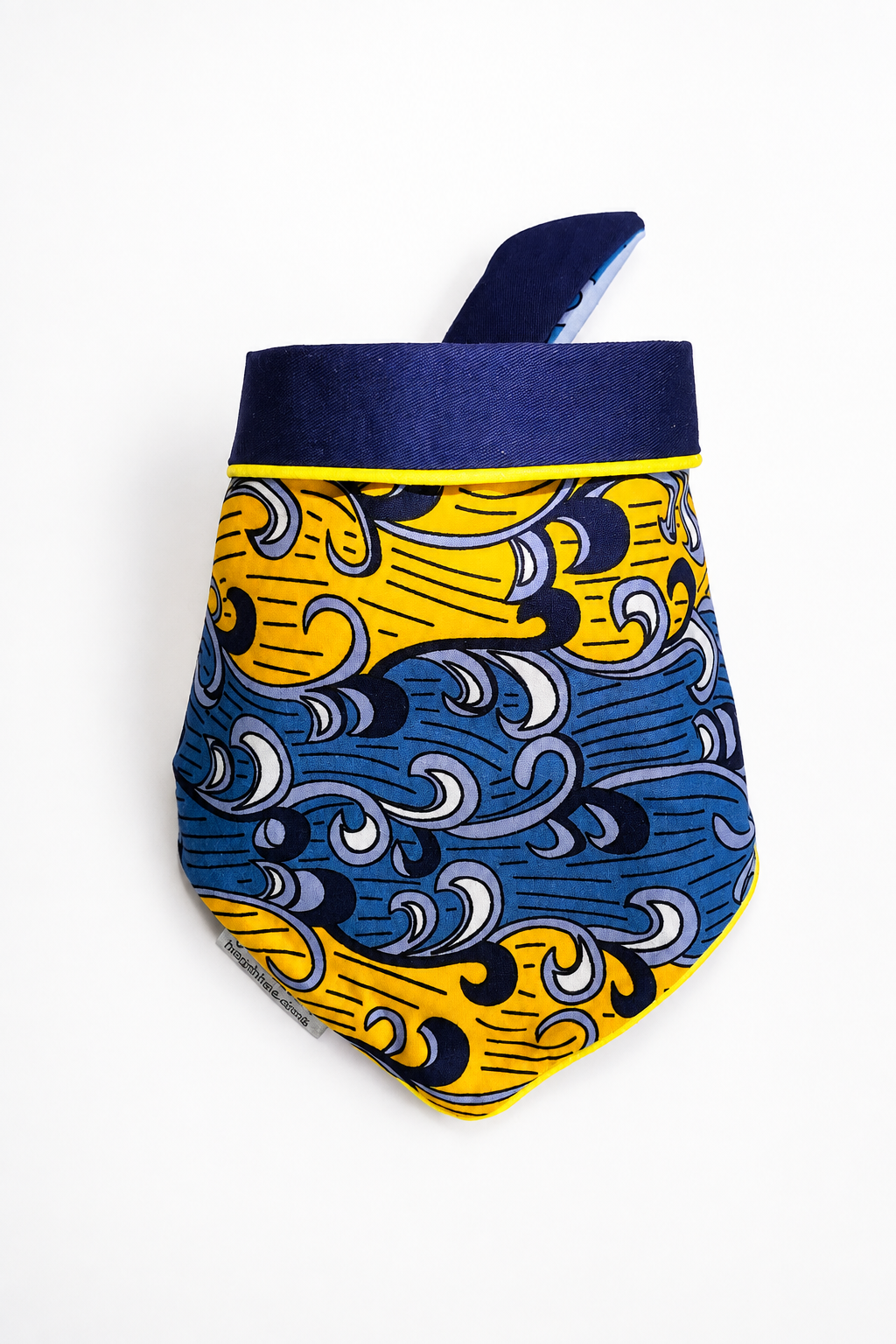 Ankara tie-on dog bandana in yellow, blue and navy cotton with yellow piping
