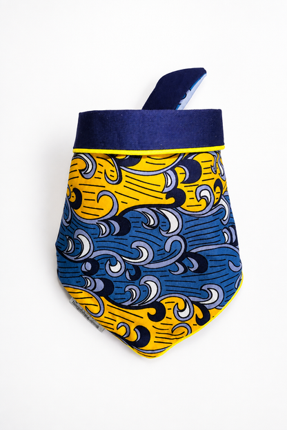 Ankara tie-on dog bandana in yellow, blue and navy cotton with yellow piping