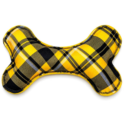 Yellow and black autumn check handmade soft dog bone toy front view