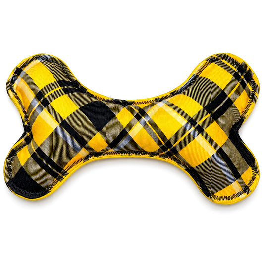 Yellow and black autumn check handmade soft dog bone toy front view