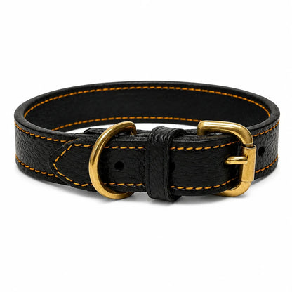 Black classic recycled leather dog collar with solid brass buckle and D-ring, contrast stitching and recycled black leather backing