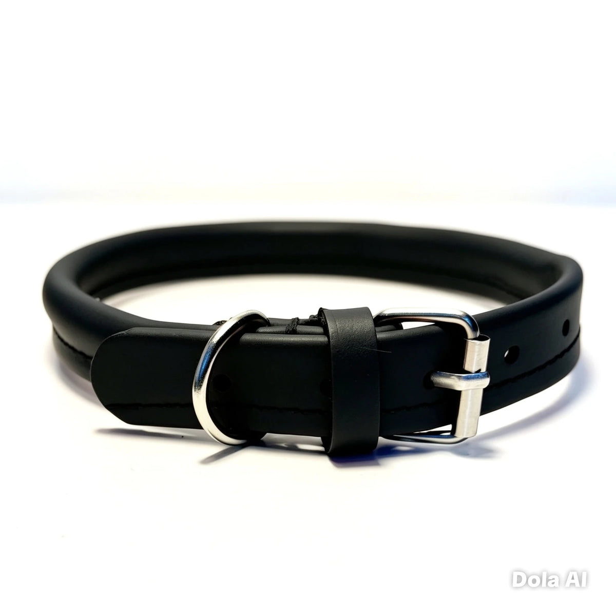 Black rolled recycled leather dog collar with rounded leather band, matching keeper, silver-coloured buckle and D-ring