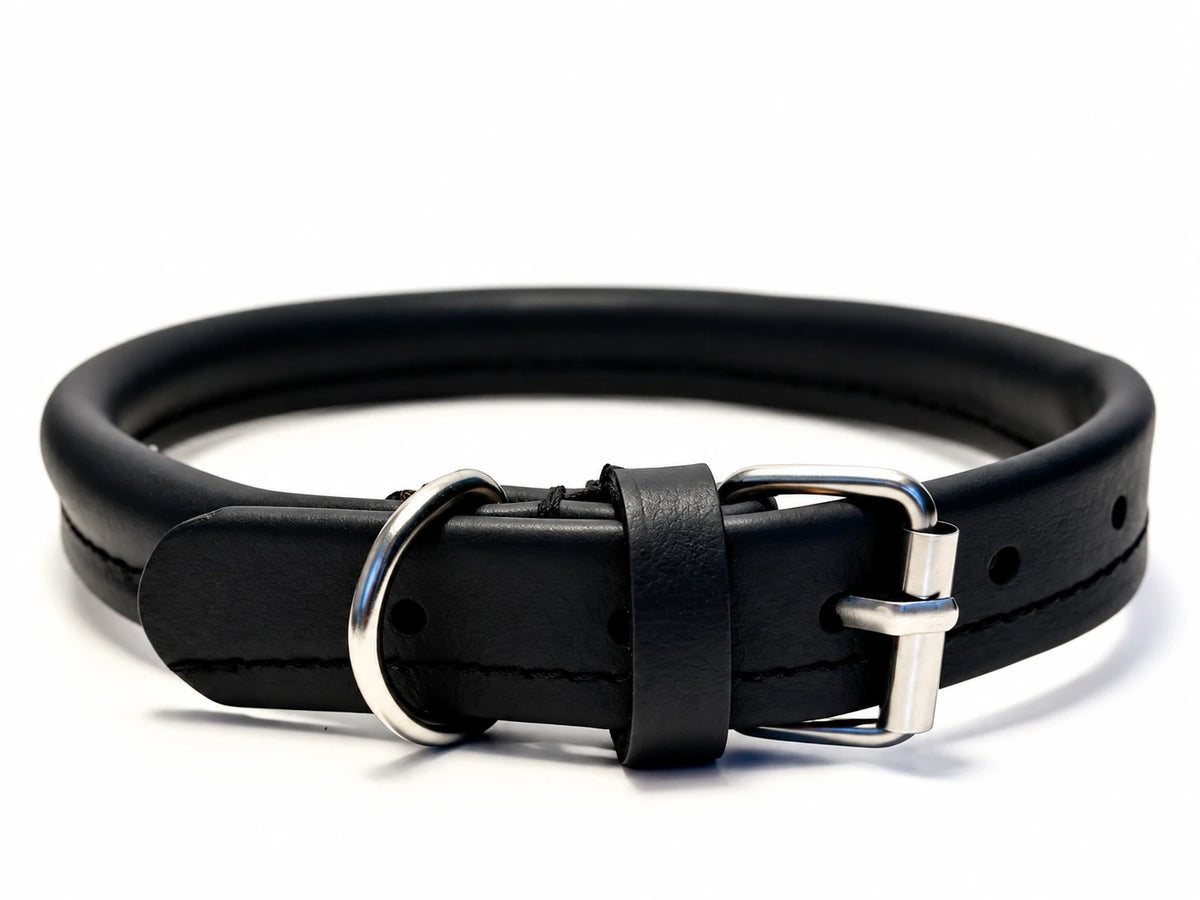 Black rolled recycled leather dog collar with rounded leather band, matching keeper, silver-coloured buckle and D-ring