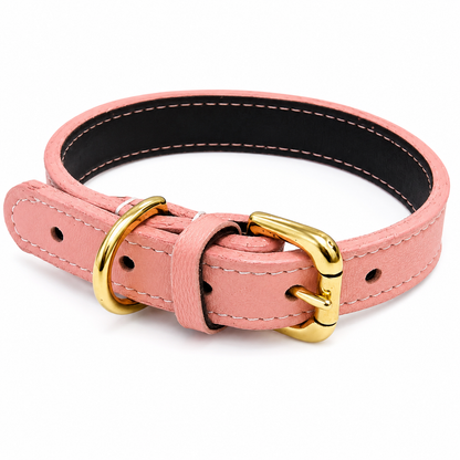Blush pink classic recycled leather dog collar with solid brass buckle and D-ring, white stitching and black recycled leather backing