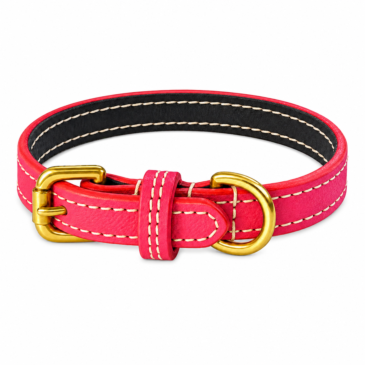 Bright pink classic recycled leather dog collar with solid brass buckle and D-ring, white stitching and black recycled leather backing