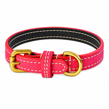 Bright pink classic recycled leather dog collar with solid brass buckle and D-ring, white stitching and black recycled leather backing