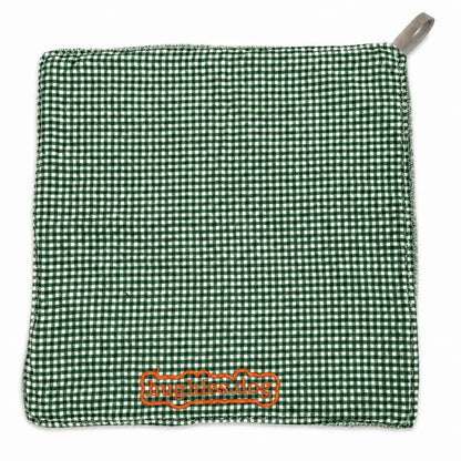 British Racing Green gingham reusable dog drool cloth with embroidered Hughies logo