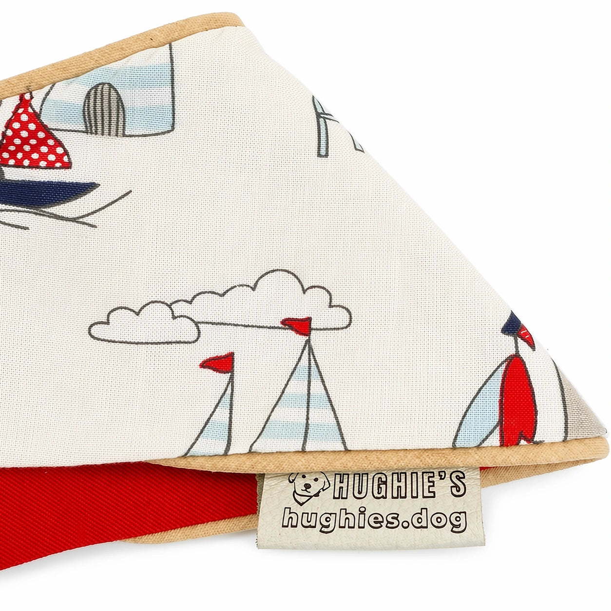 Coastal Heritage snap-on dog bandana seaside print and Hughies label detail on white background