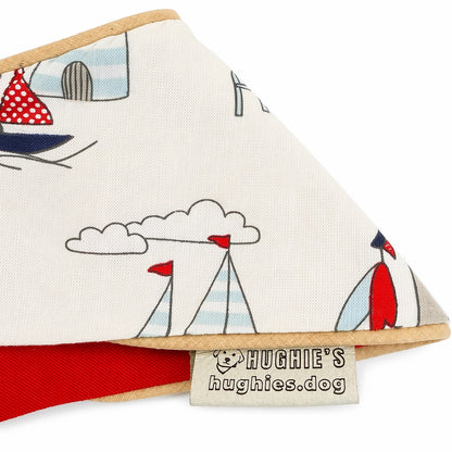 Coastal Heritage snap-on dog bandana seaside print and Hughies label detail on white background