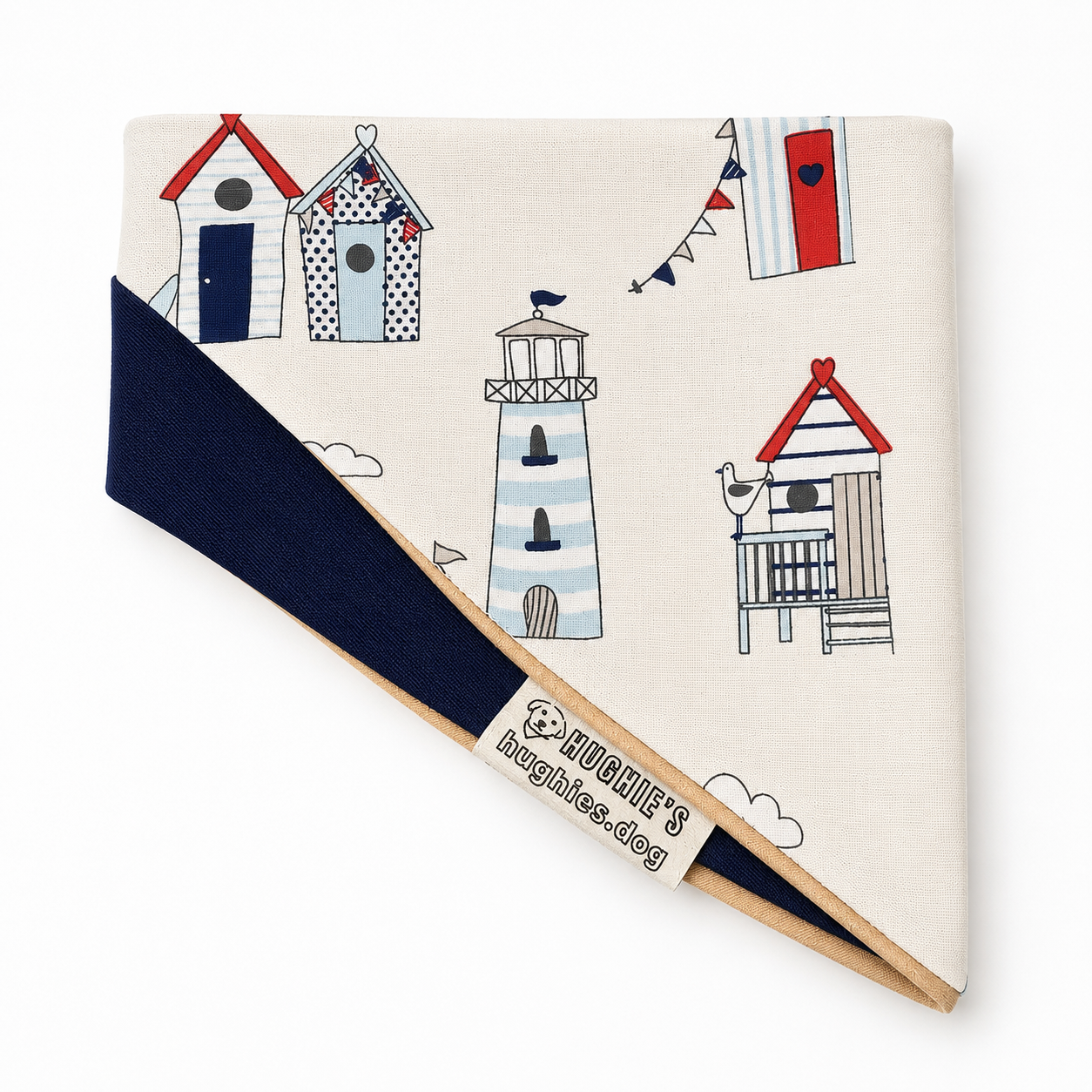 Coastal Heritage tie-on dog bandana beach hut and lighthouse fabric detail on white background