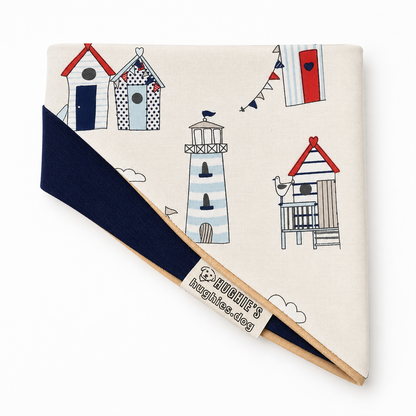 Coastal Heritage tie-on dog bandana beach hut and lighthouse fabric detail on white background