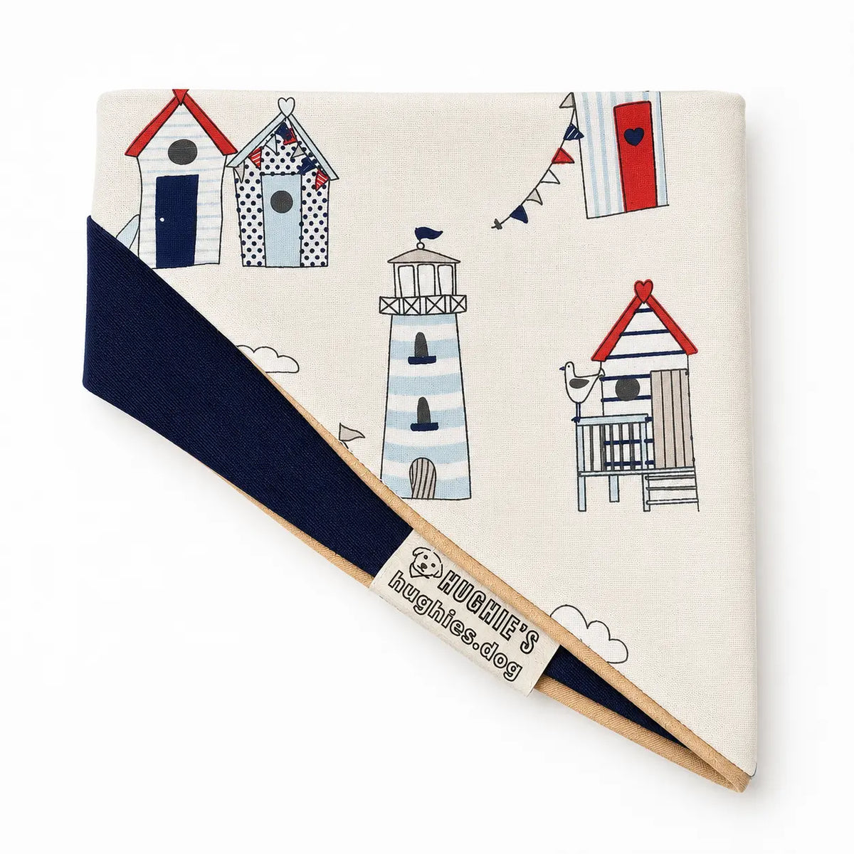 Coastal Heritage tie-on dog bandana beach hut and lighthouse fabric detail on white background