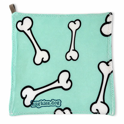 Mint dog-bone print reusable dog drool cloth with embroidered Hughies logo