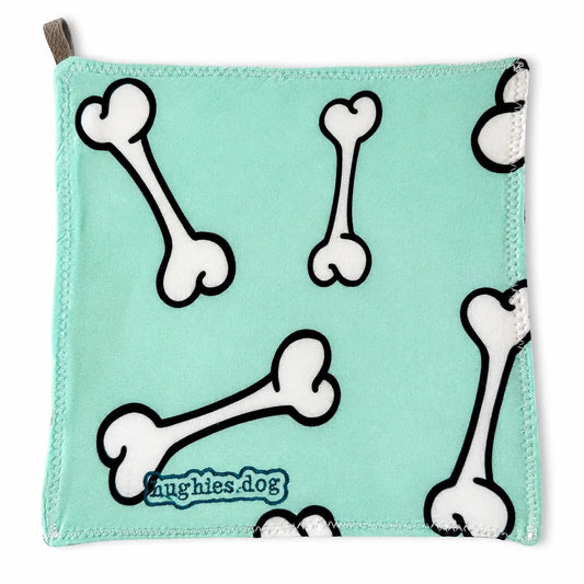 Mint dog-bone print reusable dog drool cloth with embroidered Hughies logo