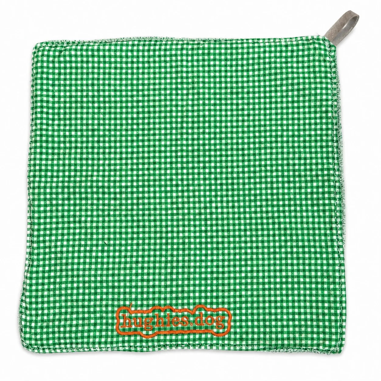 Emerald green gingham reusable dog drool cloth with embroidered Hughies logo