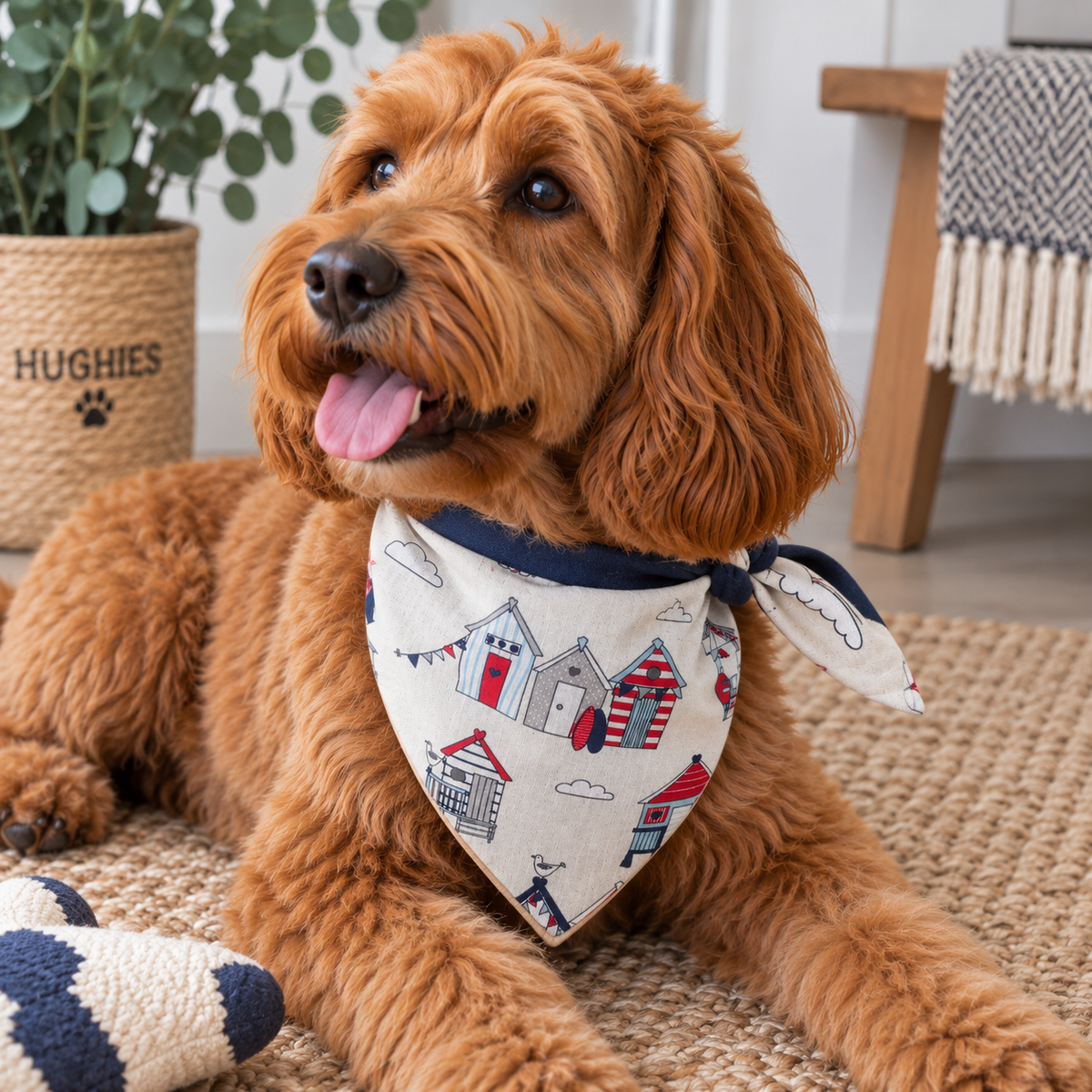 Dog wearing Hughies Coastal Heritage tie-on dog bandana