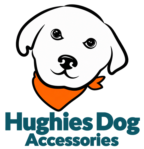 Hughies Dog Accessories logo featuring Hugo wearing an orange bandana