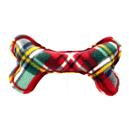 Plaid soft dog bone toy on a white background