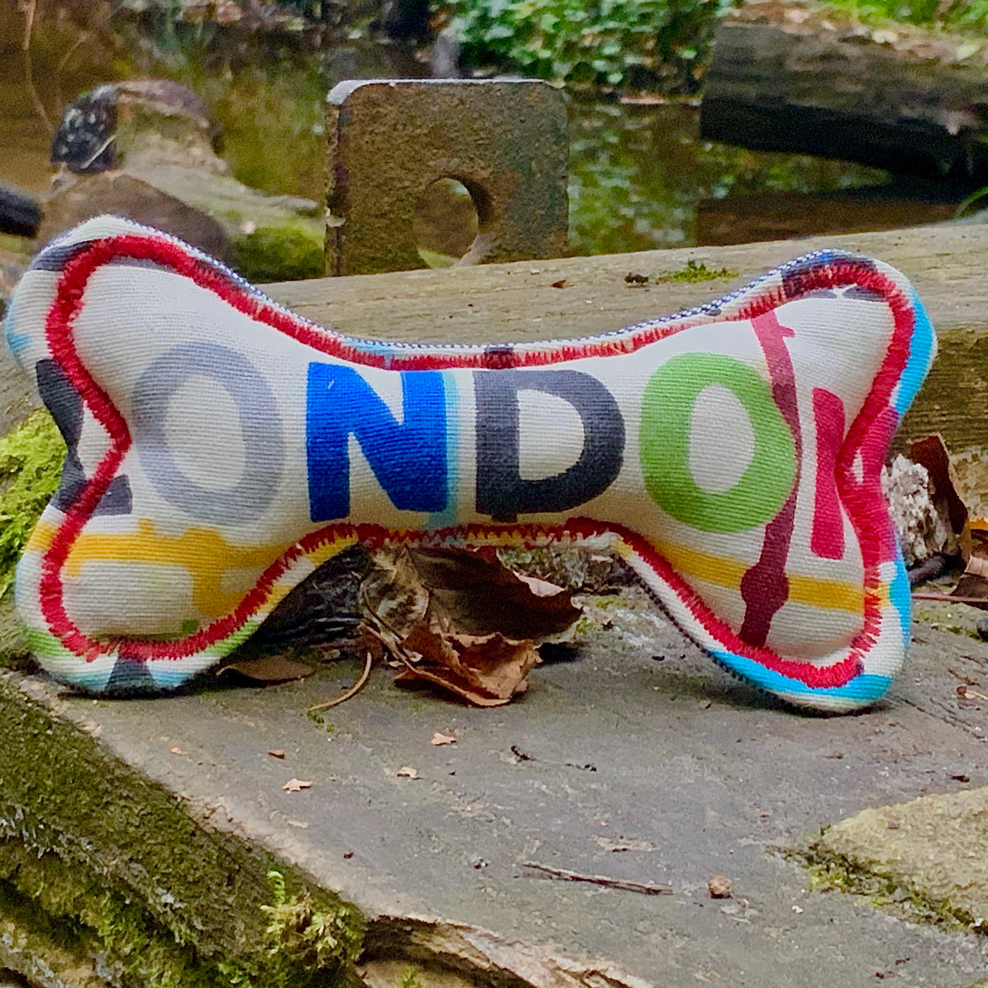 Colorful bone-shaped toy with 'LONDON' printed on it, placed outdoors.