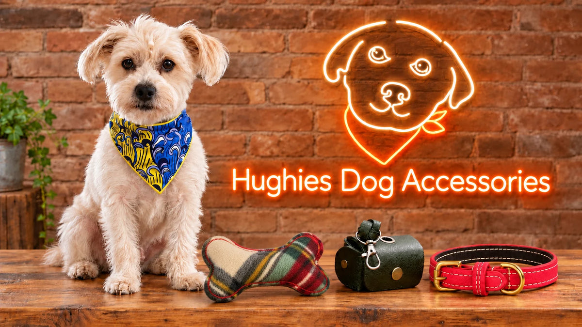 Hugo wearing a blue and yellow bandana beside handmade leather dog accessories and a multicoloured tartan soft dog bone toy
