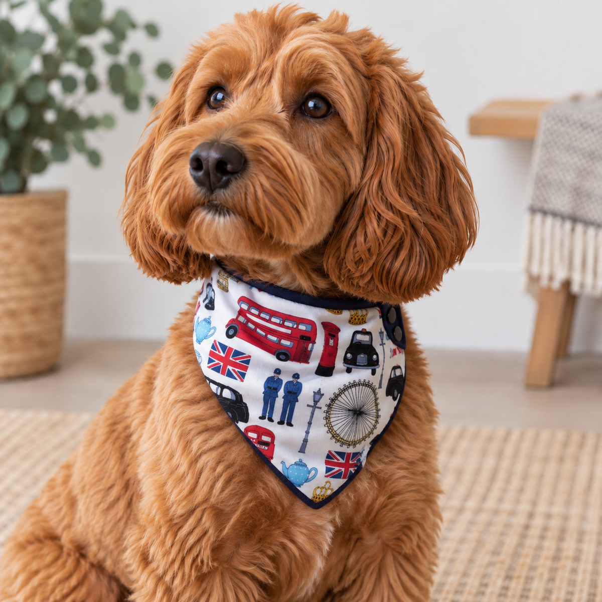 Dog wearing Hughies London Heritage snap-on dog bandana