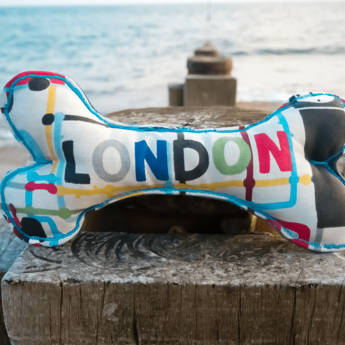 London print  Soft Dog Bone Toy on beach Hughies Dog Accessories