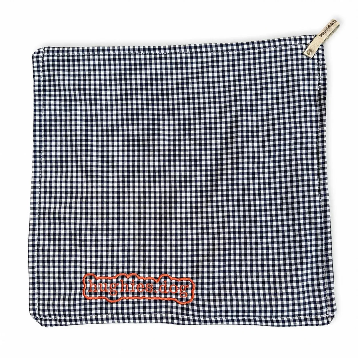 Midnight blue gingham reusable dog drool cloth with embroidered Hughies logo