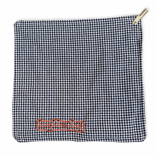 Midnight blue gingham reusable dog drool cloth with embroidered Hughies logo