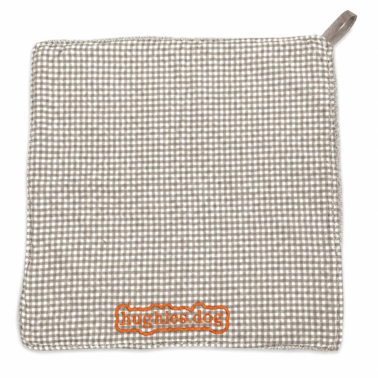 Mushroom gingham reusable dog drool cloth with embroidered Hughies logo