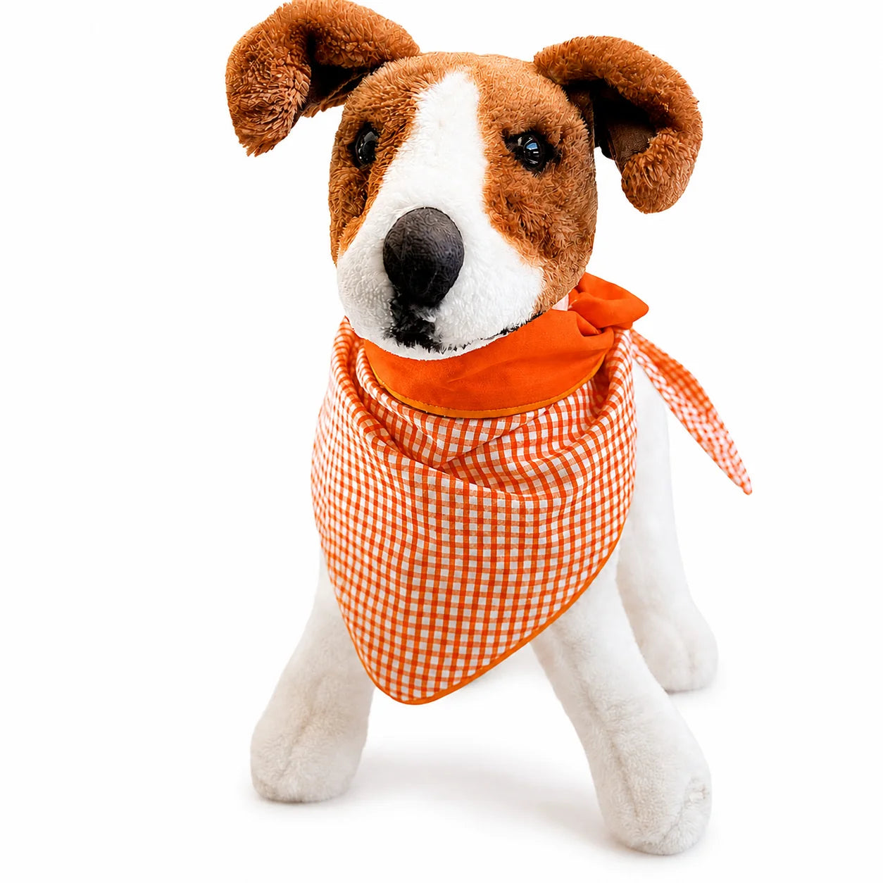 Orange gingham reversible tie-on dog bandana modelled on a dog mannequin